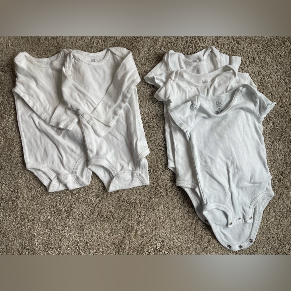 FIVE Size 12 months white baby onesies